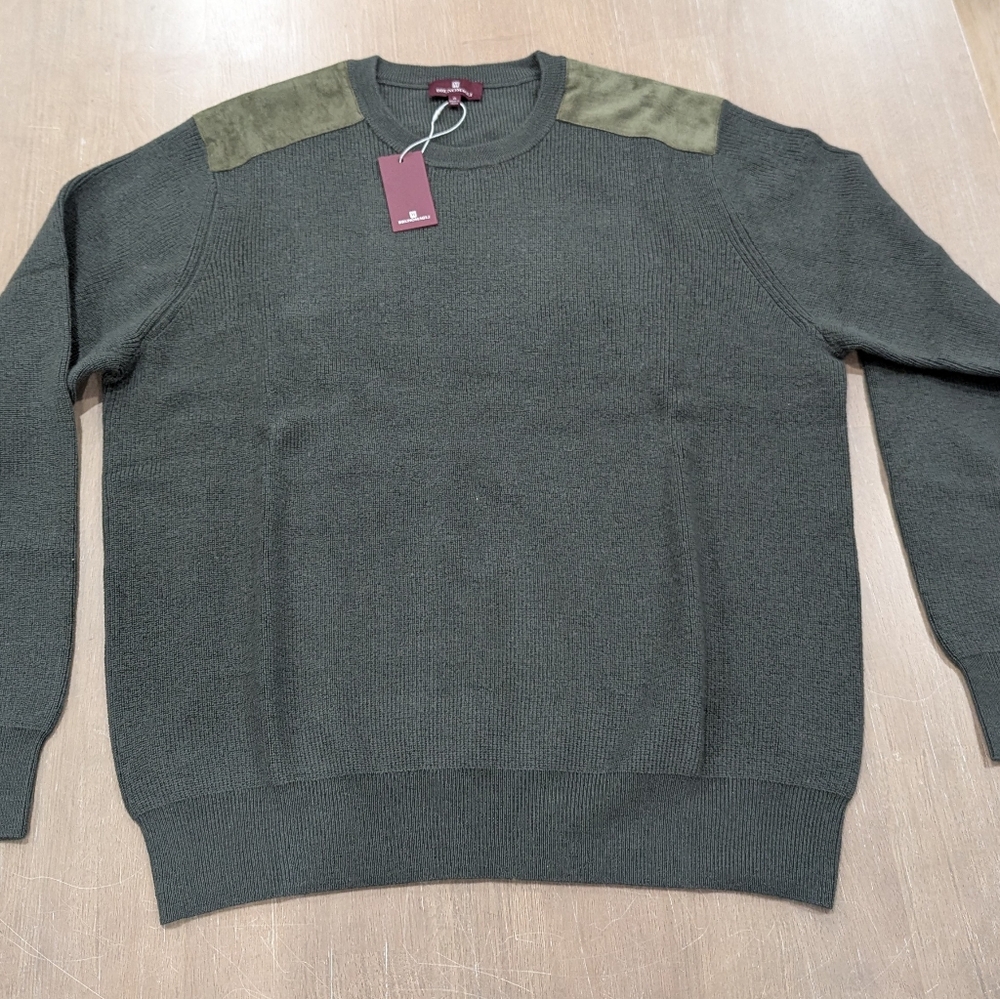 $250 Mens Brunoagli Faux Suede Patch Crewneck Sweater Olive Green XL